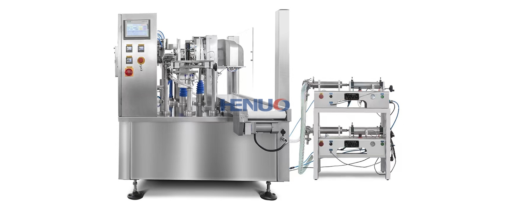 New rotary pouch packing machine with double liquid filler